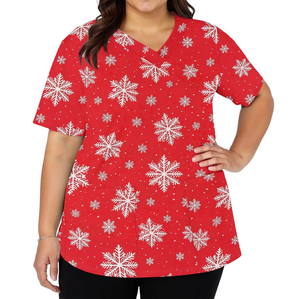 Women's V-Neck Short Sleeve Christmas Print Work Tunic Top with Pockets and Side Slits