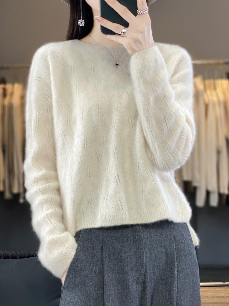 2023 Women's Long Sleeve Wool Knit Pullover - Loose Fit, Round Neck, Solid Color, Autumn/Winter Jacquard Style