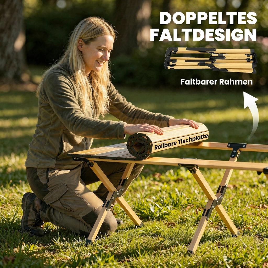 Camping Table 117 X 60 Cm Aluminum Folding Table with Roll-up Tabletop Wood-look Carrying Bag Waterproof