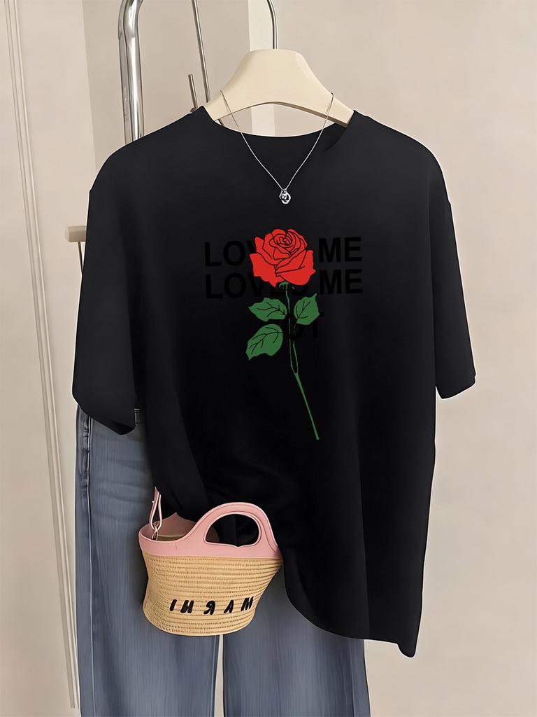 Loved Me Rose Flower Printed TShirts Women Casual ONeck Short Sleeve Tops Comfortable Loose T Shirt Summer Soft Womans Clothes