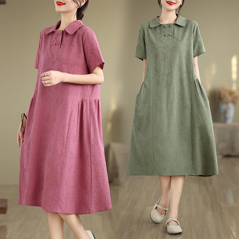 Summer Artistic Loose Jacquard Hemp Collar Short Sleeved Dress Women Medium Long