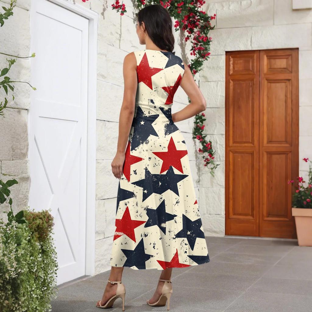 Women's Casual And Fashionable Independence Day Printed V-Neck Sleeveless Dress Dress