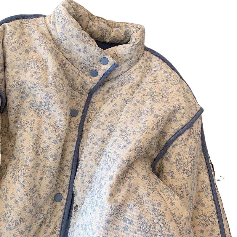 Blue Small Floral Corduroy Splicing Cotton Jacket Women's 2025 Winter New Warm Lazy Top