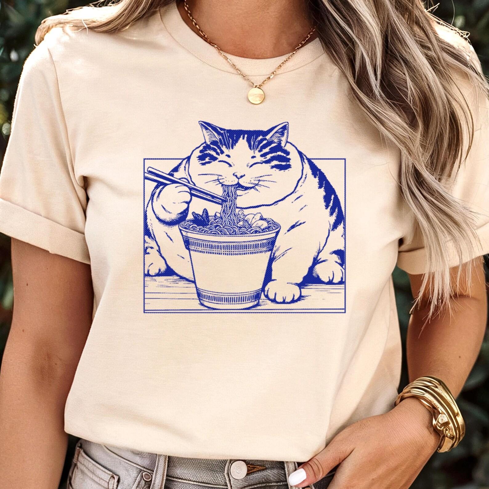Noodle Cat Shirt Ramen Cat T-Shirt Foodie Lover Shirt Black Cat Noodle T-Shirt Retro Cat Tees Cat Lover Tshirt Funny Cat Graphic Tee Unisex L