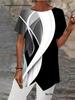 European Geometric Print Loose Short Sleeve Irregular Hem T-shirt