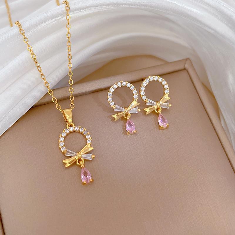 Light Luxury Cherry Flower Zircon Jewelry Sets Stainless Steel Chains Geometric Pendant Necklace Earrings Gifts For Women Girls