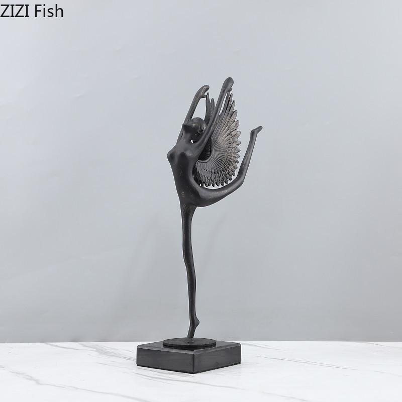 Ballet Angel Black Figures Sculpture Marble Base Desk Decoration Abstract Dancer Character Metal Statue Room Aesthetic Decor