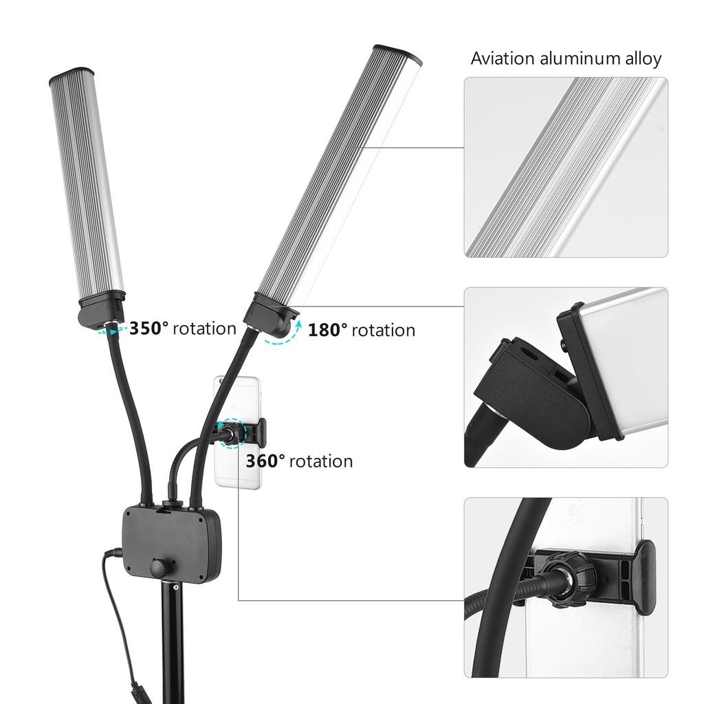 22in Double Arm Fill Light Dual Color Temperature LED Beauty Video Light with Phone Holder for Live Streaming Photography