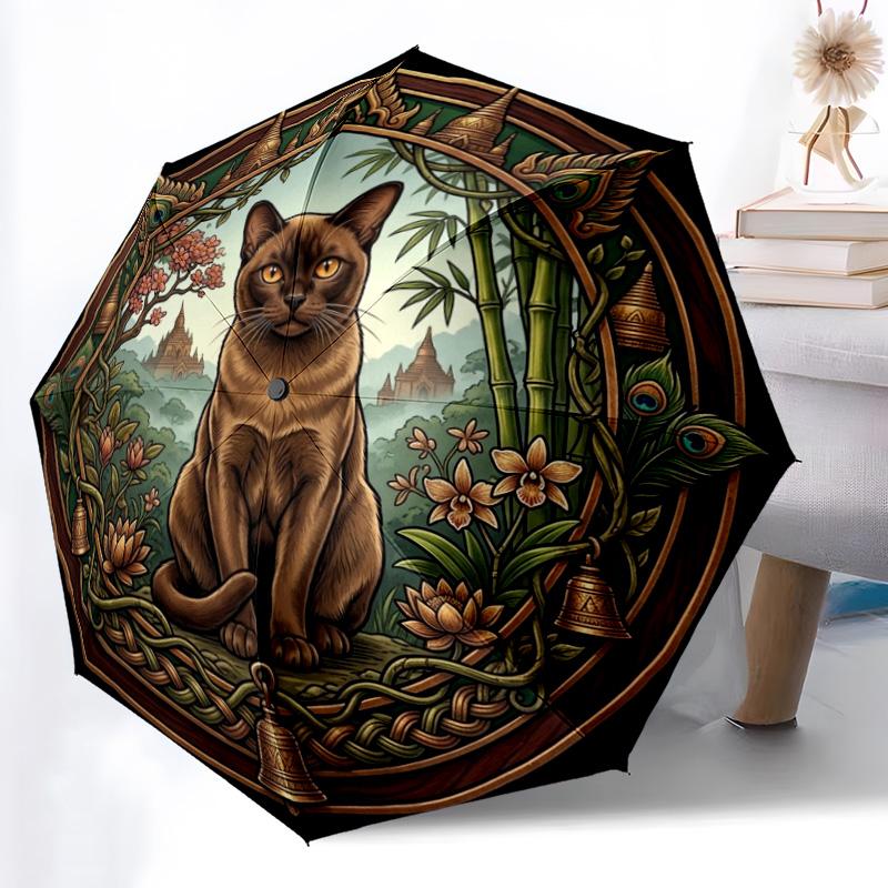 Burmese Cat Temple Garden pattern umbrella, portable and foldable design, 8 ribs, a casual accessory for Halloween, Christmas, and birthday gifts. разноцветный