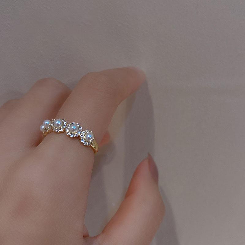 ANENJERY Francuskie romantyczne wielowarstwowe pierścionki z perłami dla kobiet Błyszczące pierścionki z cyrkonią w kolorze złotym