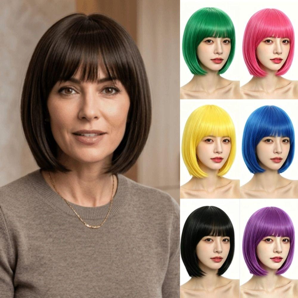 Colorful Halloween Colored Bangs Wig Cosplay Short Straight Bob Hair Vibrant Bob Wig Photos
