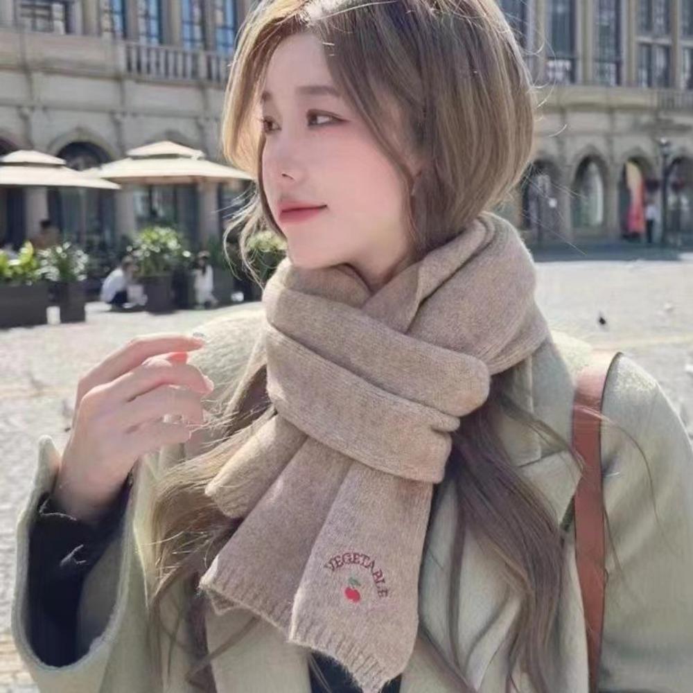 Solid Color Cartoon Thick Shawl Polyester Long Scarf Cute Cherry Knitted Scarf  Girls