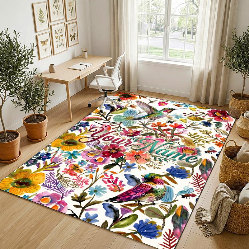Hummingbirds Floral Theme Soft Crystal Velvet Rug Custom Name & Text Print Non Slip Floor Rug for Bedroom Living Room