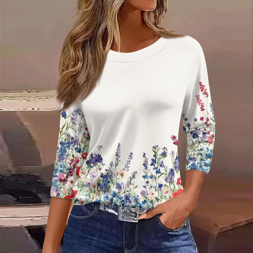 Women's Three-Quarter Sleeve Shirt, Round Neck, Loose Fit, Casual Shirt, Floral Print T-Shirt, Summer
