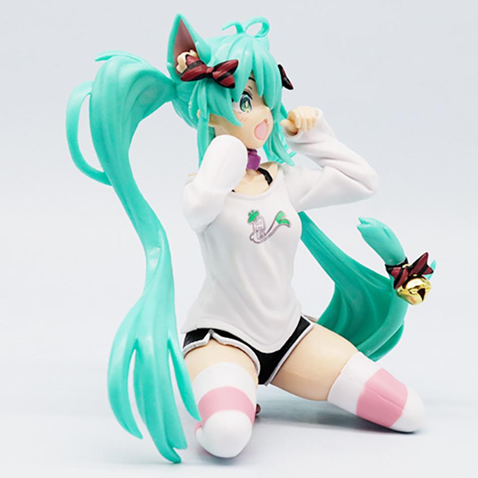 Anime Figure Girl Hatsune Miku Sitting Sexy Short Sleeved Pajamas Cat Ear Figurines Desktop Decoration Doll Collection Model Toy
