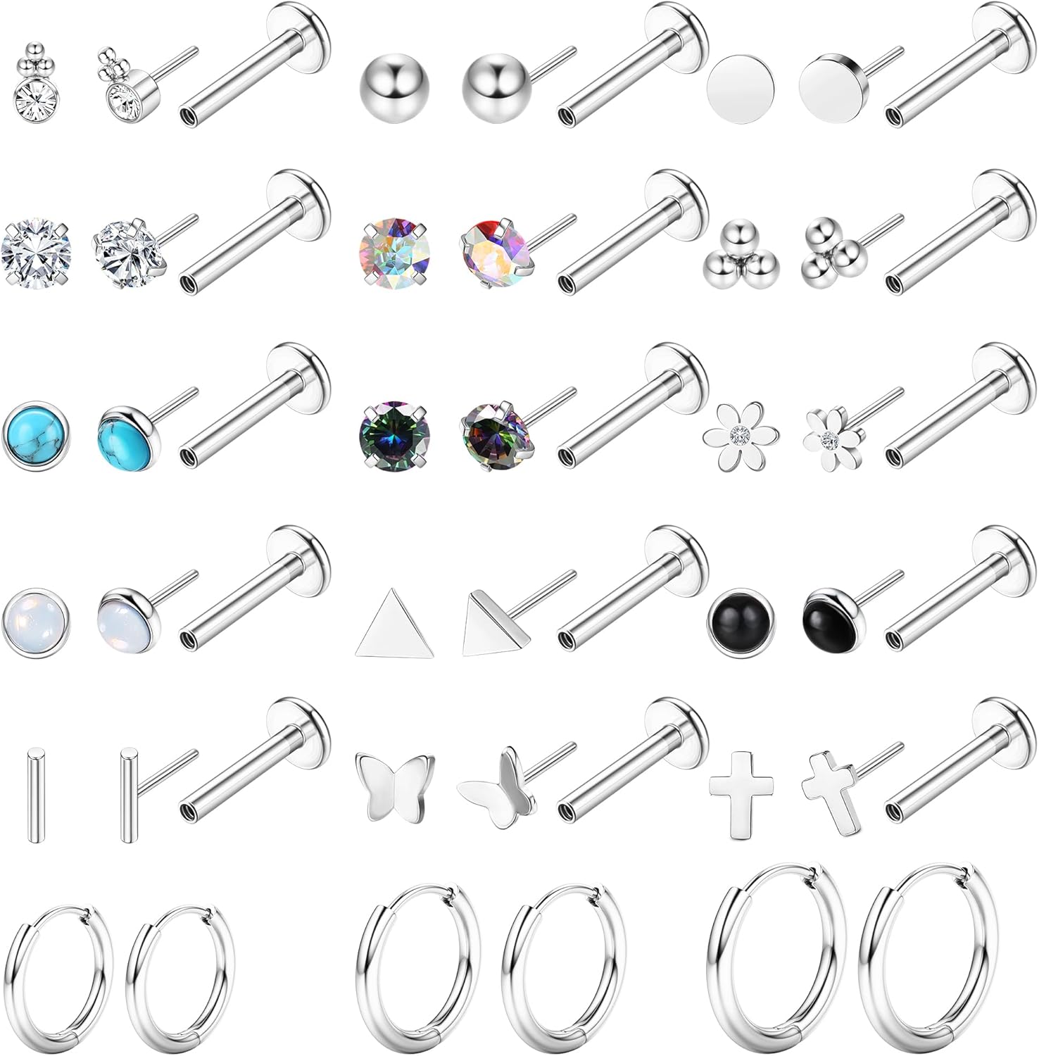 

18 Pairs 20G Surgical Steel Flat Back Earrings for Women Men Push in Nose Stud Rings Cartilage Lip Rings Tragus Piercing Jewelry 20G-8MM Length