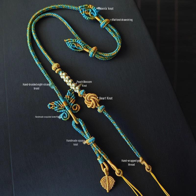 Tibetan Hand-Woven Cotton Lanyard Necklace with Amber Buddhist Amulet and Ethnic Style Thangka.