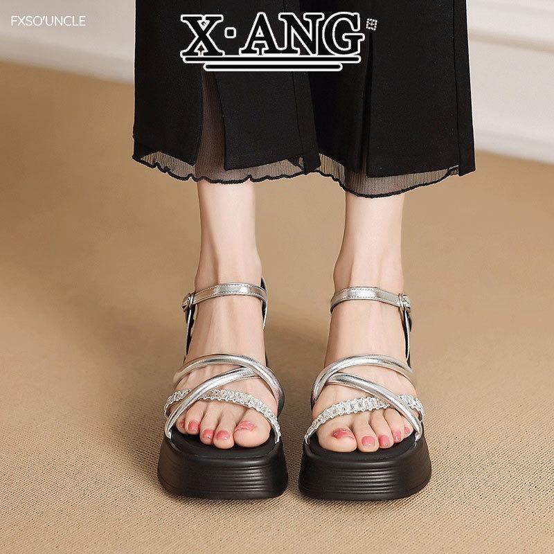 Muffin Thick-soled Heightening Leather Rhinestone Sandals Women's Summer Wear with Skirts Small Open-toed Women's Shoes