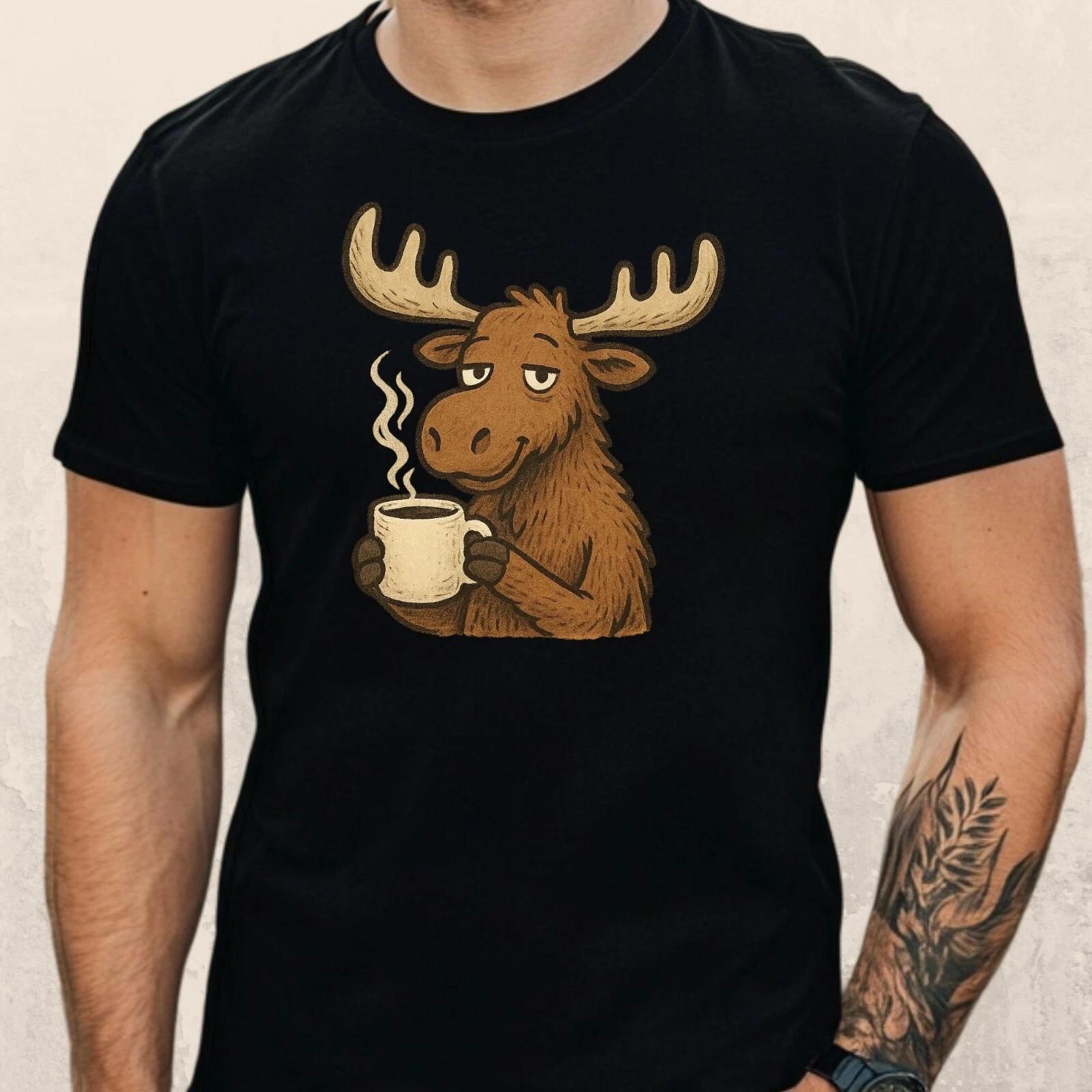 T-Shirt Herren Elch trinkt Kaffee Motiv Baumwolle Größe S bis 5XL XS