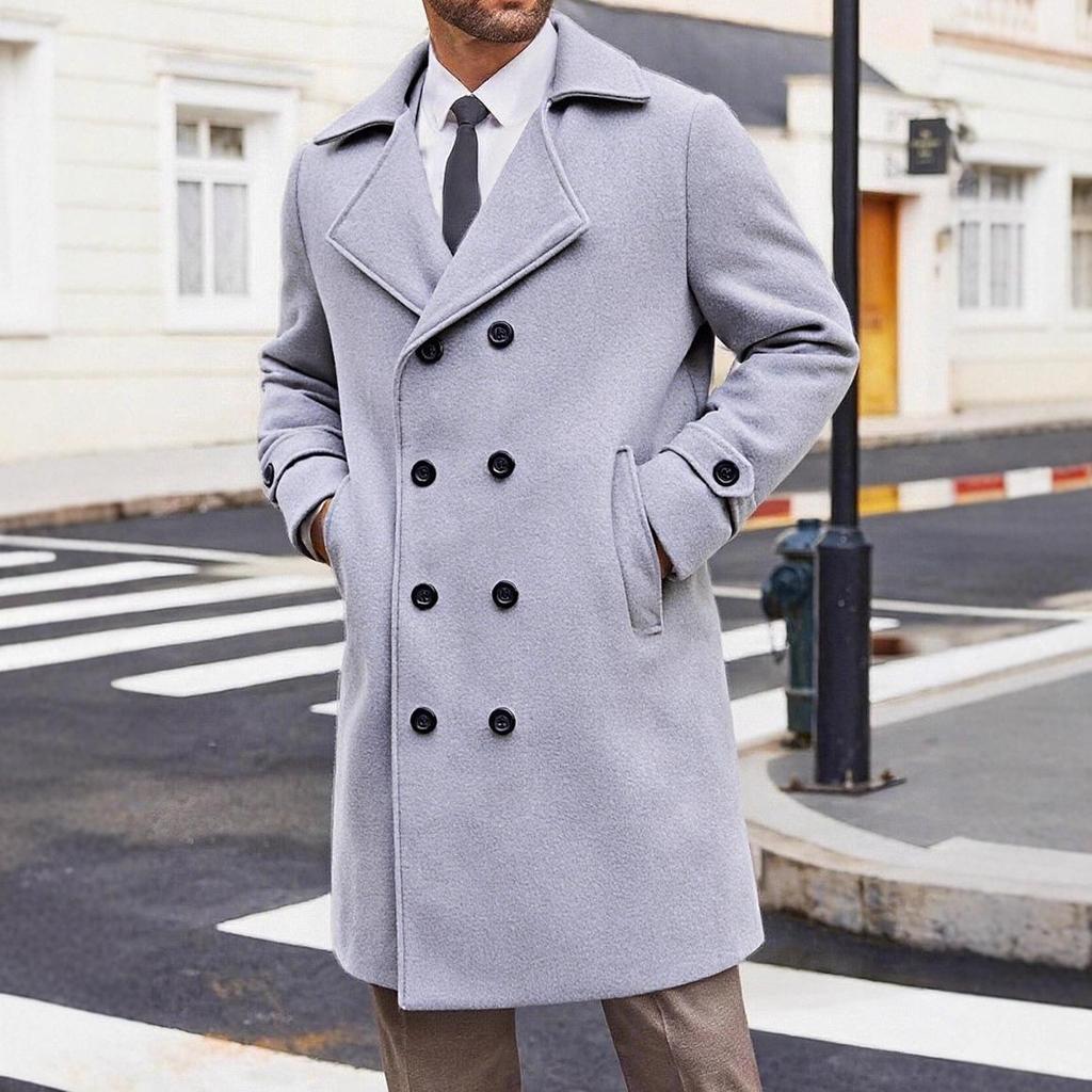 Neuer Herbst/Winter Europäischer & Amerikanischer Herren Zweireihiger Mittellanger Woll-Trenchcoat