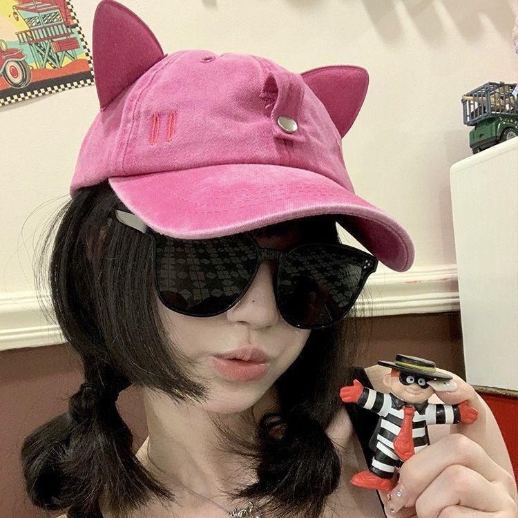 Women Cute Cat Ear Baseball Cap Vintage Wasned Cotton Peaked Caps Unisex Breathable Adjustable Streetwear Hip-Hop Dad Hat