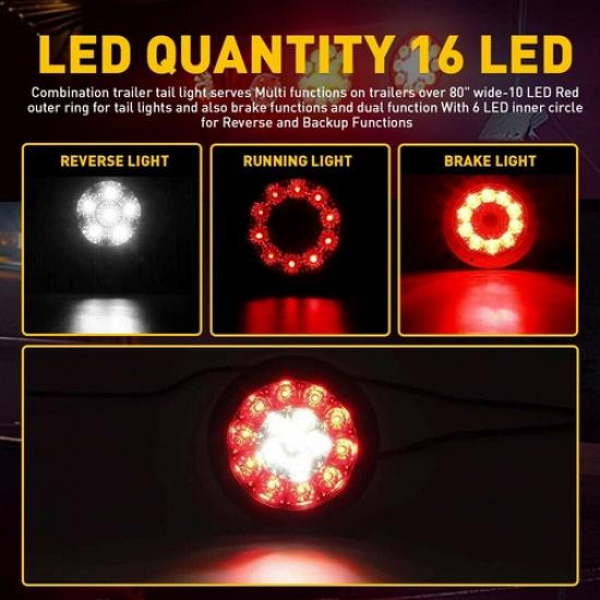 2X 4" Round Red/White 16-LED Truck Trailer Stop Brake Turn Signal Tail Lights EB