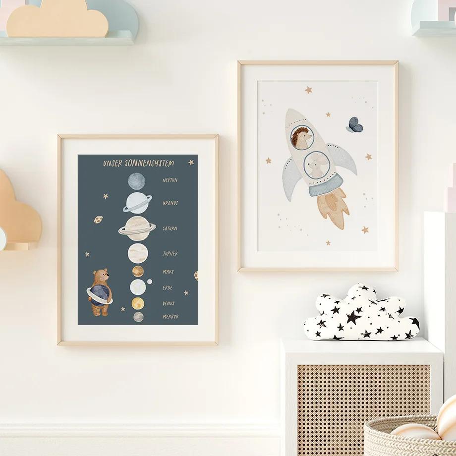 Boho Cartoon Space Astronauts Planet Posters Prints Bear Hedgehog Canvas Painting Wall Art Pictures Baby Kids Room Home