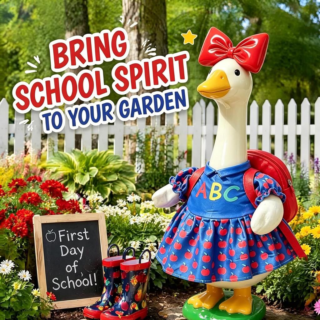 23 Inch Porch Goose Costume Back to School Student Outfit Printed Dress Hat Backpack Pencil Accessories for Outdoor Garden Yard Lawn Decor