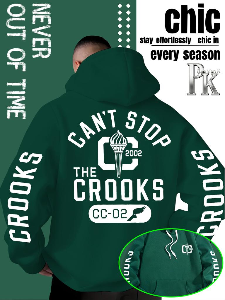 Fall/Winter Style Casual Streetwear Men's Hooded Sweatshirt, Featuring "CROOKS Letters + Torch Logo + CC-02 Logo" Print