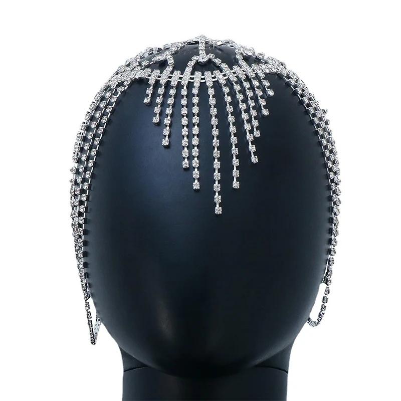Luxury Elegant Tassel Forehead Headpiece Hollow Full Rhinestone Hat Evening Dress Jewelry Sexy Bridal Hair Chain Party