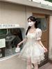 Fairy fungus edge square collar dress, female spring and summer new princess style waist fluffy cake dress