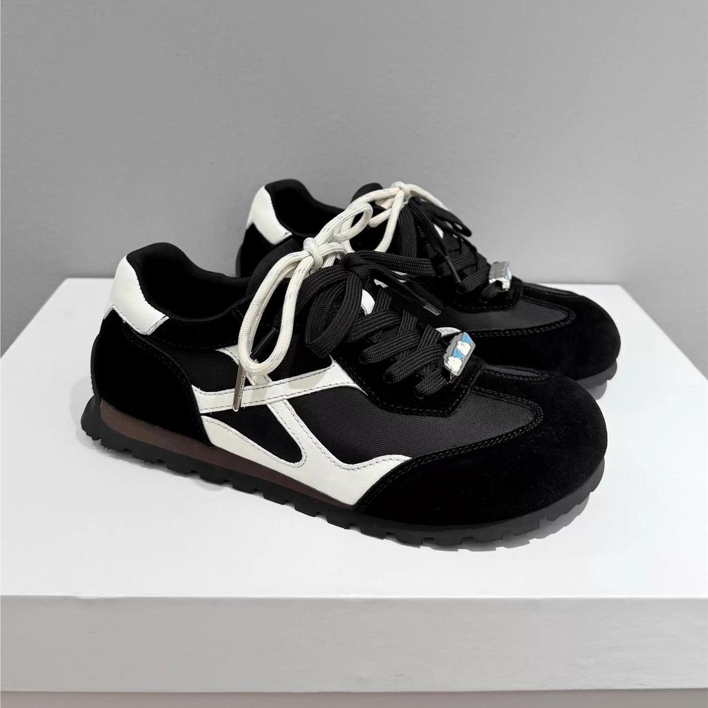 Ruoji 2025 New Leather Retro German Training Shoes Women's Soft-soled Flat-soled Single Shoes Casual Sports Shoes Forrest Gump Shoes Women