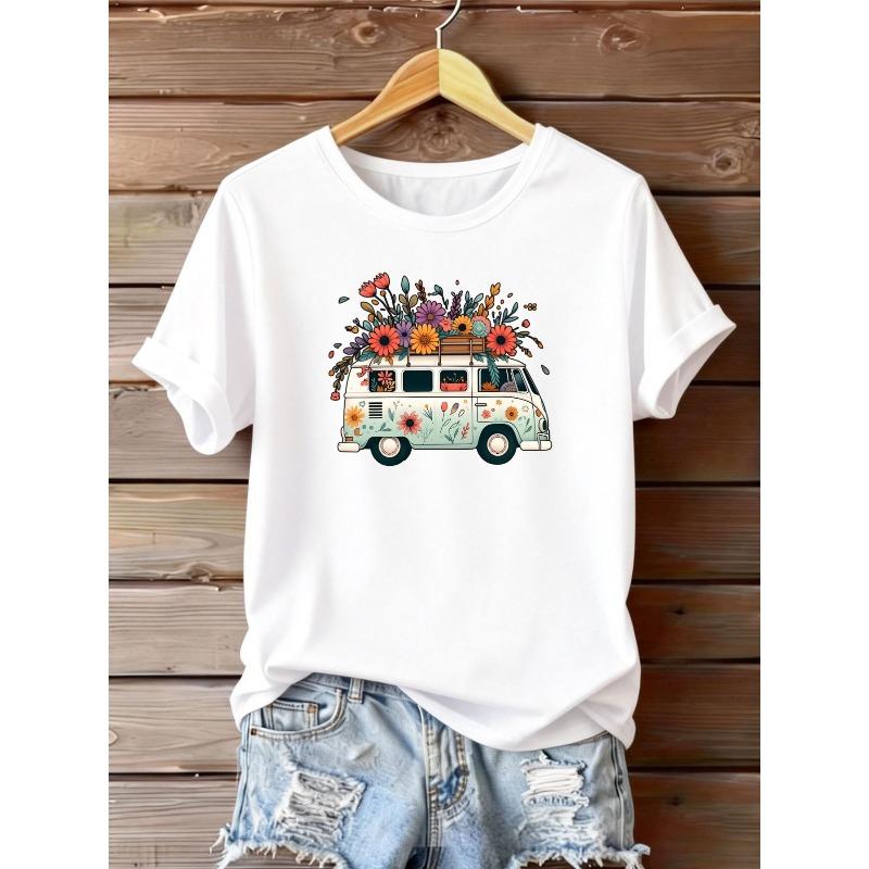 Plus Size, 1pc Plus Size Women's Vintage Bus & Flower Print T-Shirt - Oversized Round Neck Short Sleeve Blouse Suitable for Travel-Themed Outfits