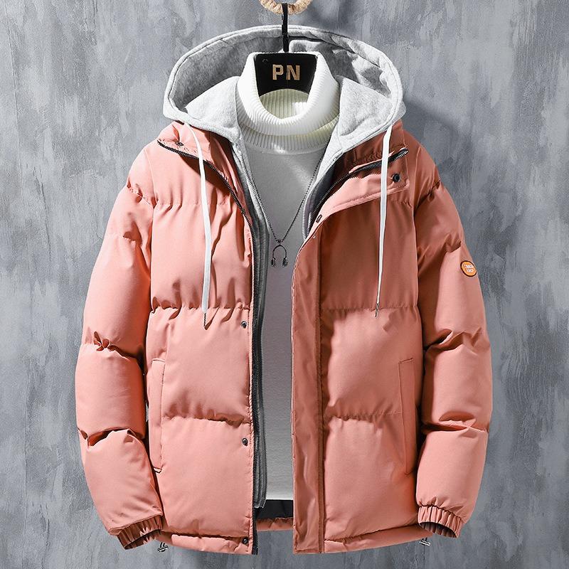 Fake two-piece cotton-padded coat for men's winter new thickened hooded couple velvet cotton-padded jacket trendy bread jacket for men