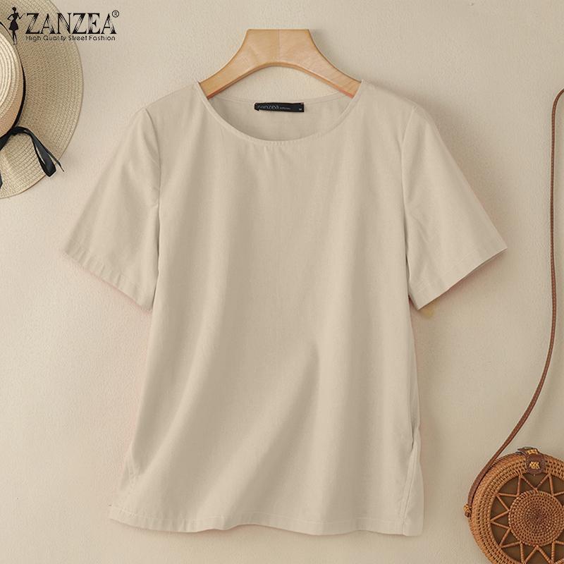 ZANZEA Women Casual Round Neck Loose Summer Short Sleeve Blouse