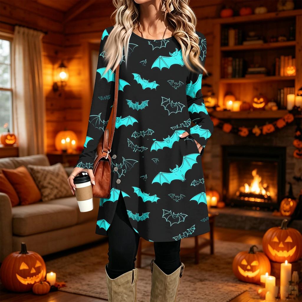 Women's Casual Long Sleeve Printed Round Neck Dress for Everyday Wear