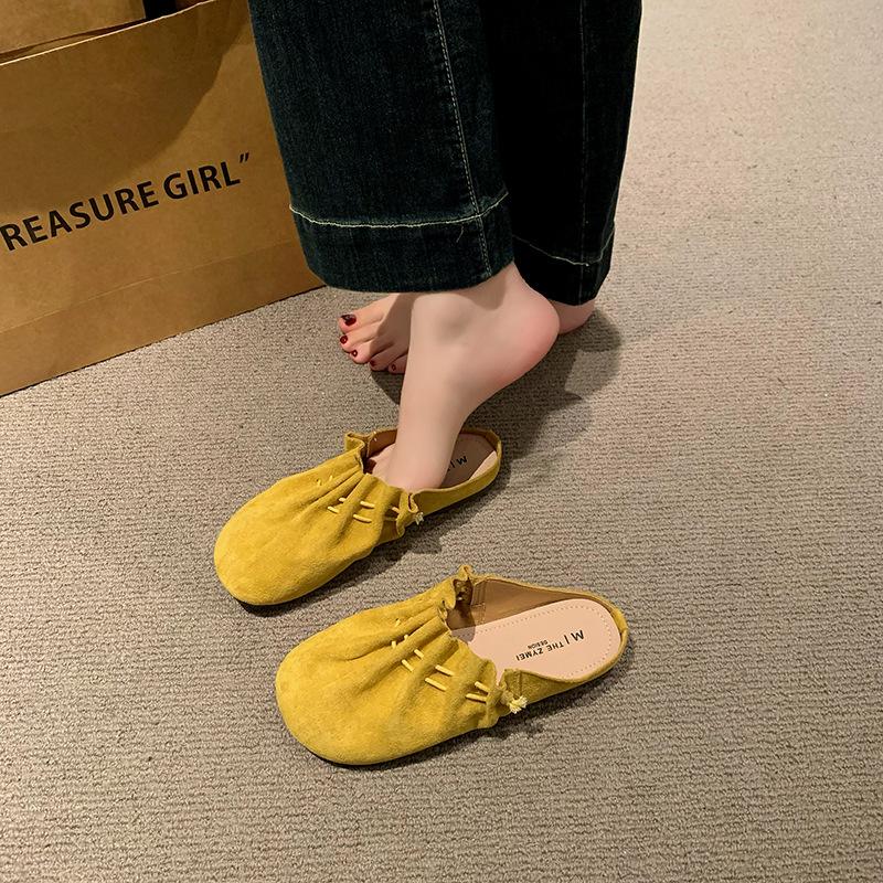 Retro pleated gentle baotou half slippers women's spring 2025 new Korean version outer wear thick-soled lazy Mu Qin shoes