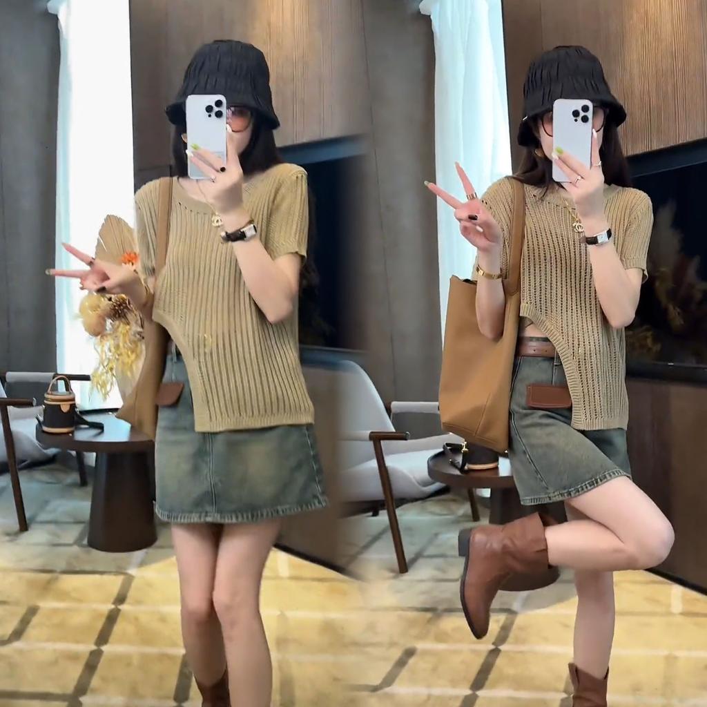 Summer Thin Breathable Hollow Knitted Sweater Women's Pullover Round Neck Simple Knitted Short Sleeved T-shirt