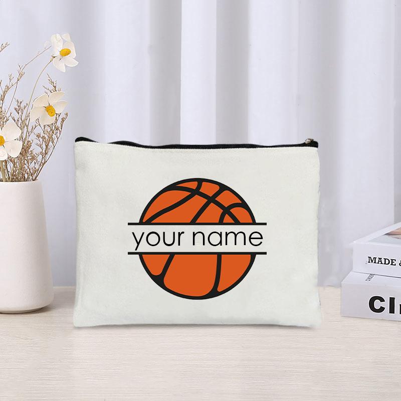 Basketball Football Custom Name Canvas Cosmetic Bag Organizer Travel Sundries Storage Zipper Pouch Wallet Gift for Sports Lovers