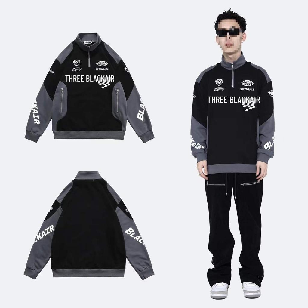 Unisex Retro Colorblock Racing Sweatshirt - Spring/Autumn Trendy Half-Zip Motorcycle Jacket.