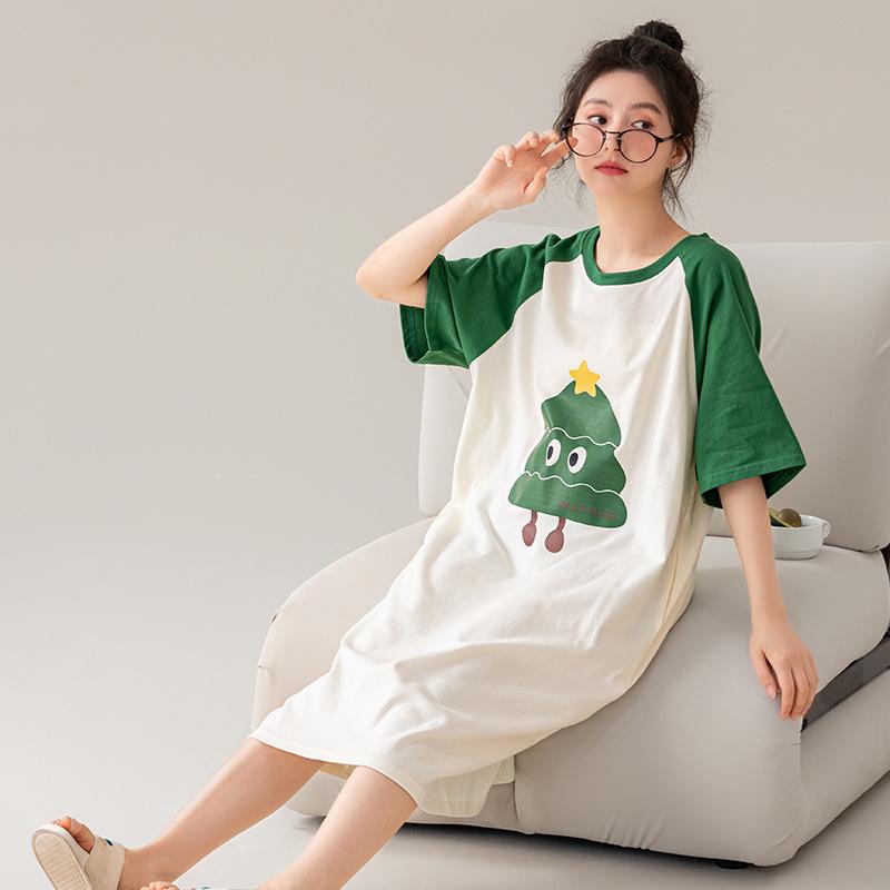 7A Women's Antibacterial Cotton Nightgown, Short Sleeve, Plus Size, Medium Length, Versatile for Outdoor Wear, Sweet Summer Home Dress