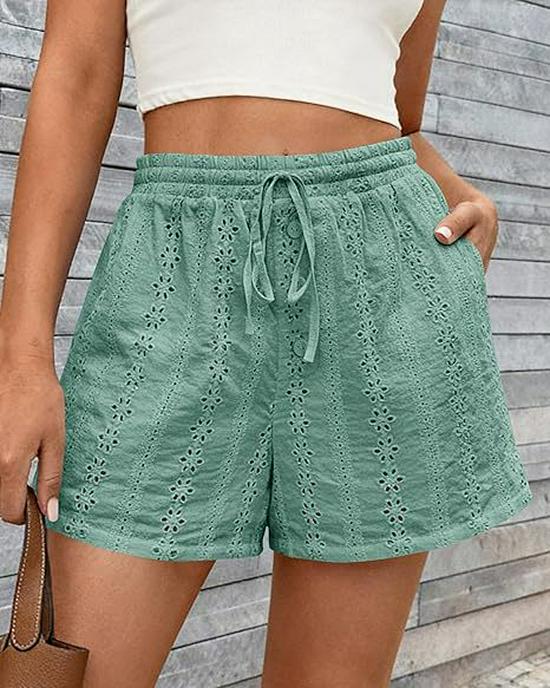 2026 European and American Women's Casual Hollow Elastic Drawstring Beach Shorts in Solid Color