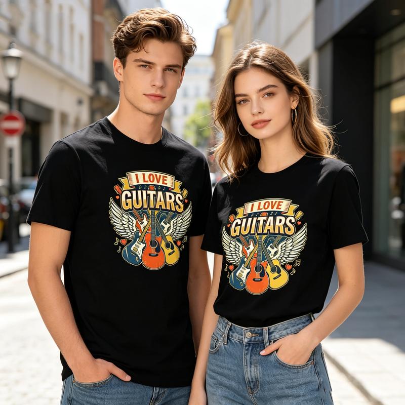 I Love Guitars Graphic T Shirt Vintage Guitar Print Unisex Soft Cotton Crew Neck Short Sleeve Trendy Casual Tops