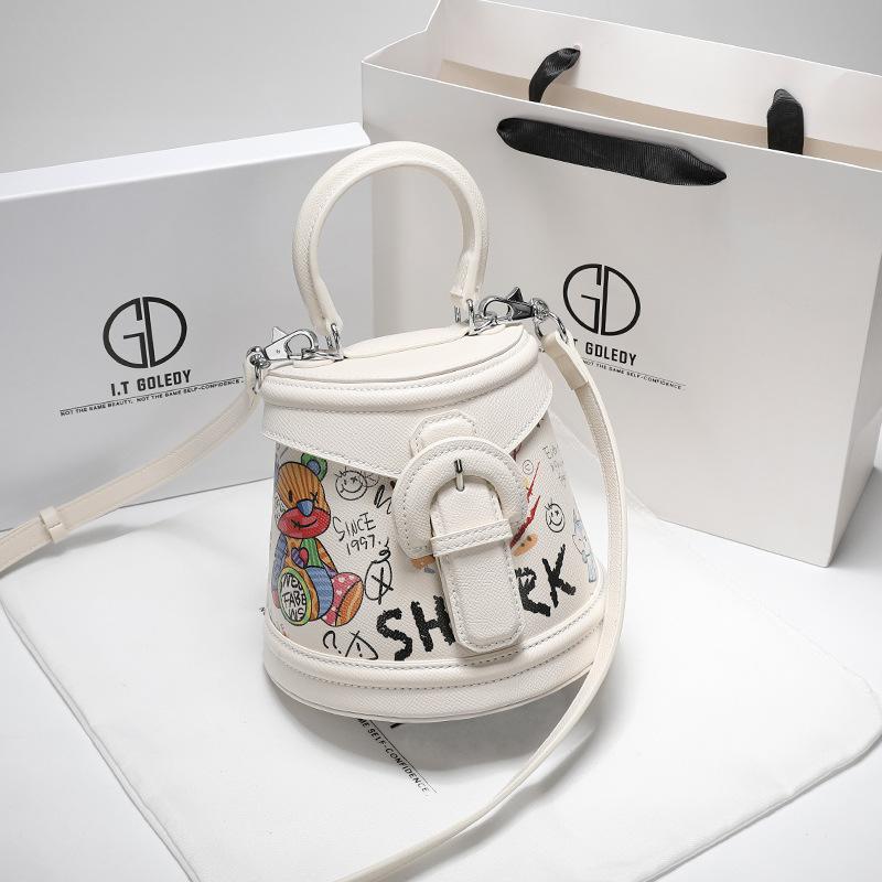 Leather Graffiti Bucket Bag, New Style Painted Cute Crossbody Bag for Women, High-end Sense, Large Capacity Shoulder Bag