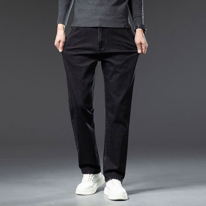 

Jeans Autumn and Winter Fleece Thickened Jeans Loose Straight Retro Versatile Elastic Business Casual Pants 40 [Waist 3 feet 0]