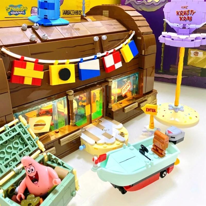 Non-Toxic Spongebob Squarepants Building Blocks Cartoon Krusty Krab Restaurant Model Assembly Toy Patrick Star Captain Birthday Gift