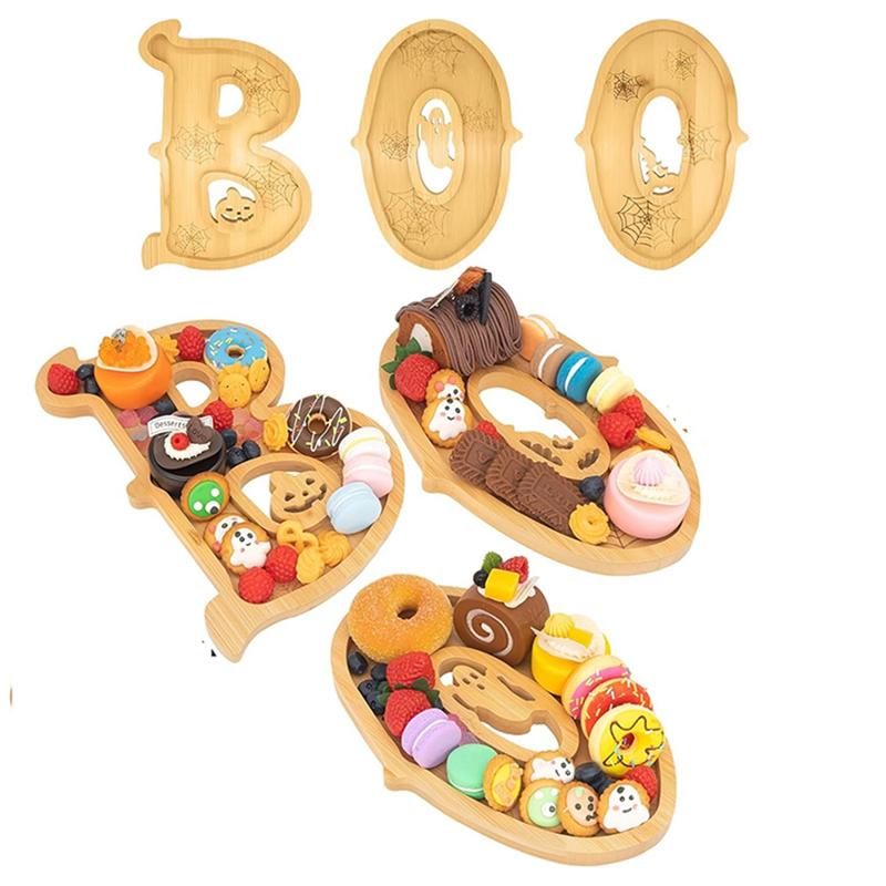 VOFUN-Halloween BOO Charcuterie Board Wooden Serving Tray 3 PCS For Indoor For Kitchen Table Fireplace Decorations