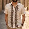 Men's Ethnic Geometric Floral Short Sleeve Shirt, For Summer Vacation, Beach Wedding, Daily Wear & Office Casual
