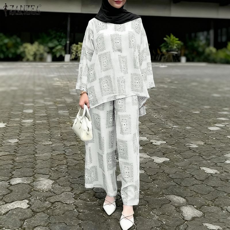 ZANZEA Women Long Sleeve Blouse and Pants Casual Print Two Piece Suit Sets