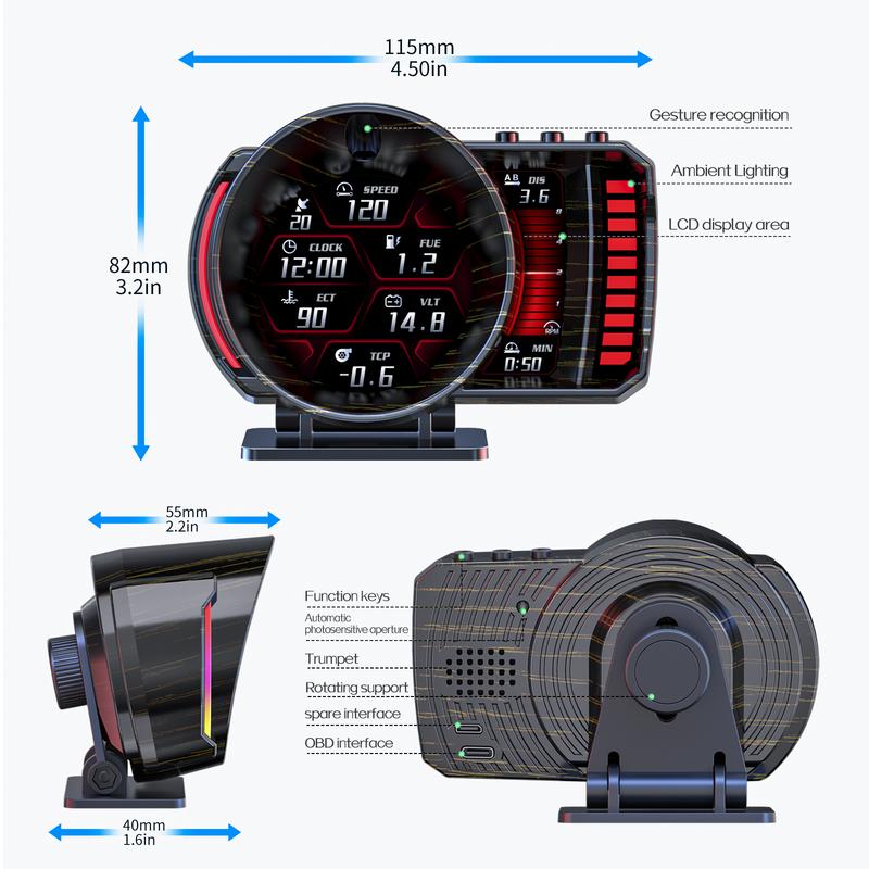 Head Up Display OBD2+GPS HUD P28 Smart Gauge Car HUD Speedometer Turbo RPM Alarm for Car Truck Pressure Water Temp Turbine